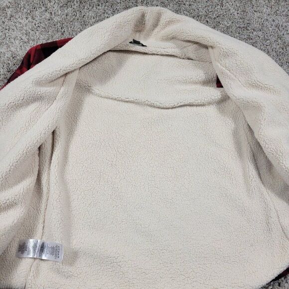 Eddie Bauer Flannel Shirt Jacket Womens Small Red Buffalo Plaid Open Sherpa Line - Picture 3 of 8
